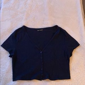 dark blue cropped button up shirt